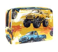 Neceser vintage amarillo azul Monster Trucks para mujer, neceser de viaje, bolsa grande de PVC, organizador de maquillaje con cremallera, multicolor, 18.5x7.5x13cm/7.3x3x5.1in, Neceser