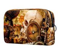 Neceser vintage para mujer, diseño de calavera pirata, brújula, tesoros, bolsa organizadora grande con cremallera, multicolor, 18.5x7.5x13cm/7.3x3x5.1in, Neceser