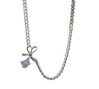 Necklace for Women Bow Knot and Curb Chain Purple Pendant Necklaces, Silver Plated, Cubic Zirconia