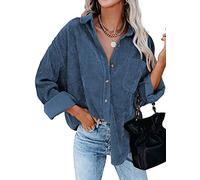 Necooer Camisas de pana Boyfriend de manga larga con botones, azul, XL