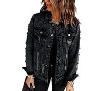 Necooer Chaqueta de mezclilla vaquera de estilo desgastado auténtica para mujer, A-negro., S