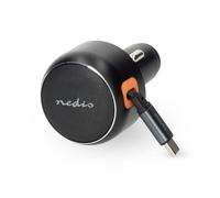 Nedis Cargador de coche con cable retráctil PD3.0 USB-C, carga rápida de 30 W con suministro de energía, selección automática de voltaje, PPS, 12 V o 24 V, cable extensible de 70 cm, color gris oscuro