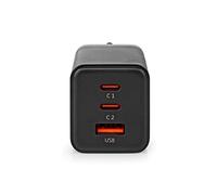 NEDIS Cargador de Pared | 65 W | GAN | Funcion de Carga rápda | 3.0/3.25 A A | Número de Salidas: 3 | USB-A / 2X USB-Câ„¢ | Selección Automática de Voltaje