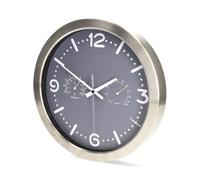 NEDIS Reloj de Pared analógico, Movimiento de Cuarzo silencioso sin tictac con termómetro e higrómetro, Marco de Acero Inoxidable para Oficina y hogar, 30 cm, Color Plateado y Gris