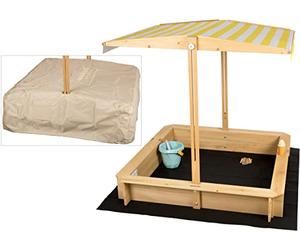 needs&wants® Arenero con Techo, Banco y Suelo de película de Fieltro, con Cubierta Oxford 600D, Caja de Arena de Madera Rectangular con Bancos, jardín Exterior, protección UV, Amarillo Blanco marrón