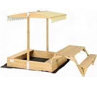 needs&wants® Arenero de madera con mesa de picnic y techo, bancos y cubierta, caja de arena para niños con tapa plegable, protección solar UV, caja de arena cuadrada para jardín al aire libre, parque