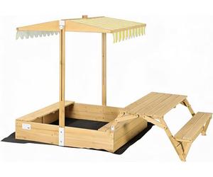 needs&wants® Arenero de madera con mesa de picnic y techo, bancos y cubierta, caja de arena para niños con tapa plegable, protección solar UV, caja de arena cuadrada para jardín al aire libre, parque
