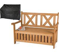 needs&wants® Banco de jardín de madera resistente a la intemperie con espacio para guardar cosas y funda, banco de madera clásico de 2 plazas con arcón, banco de jardín macizo con arcón madera natural