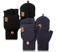 Neer 2 Pares Mitones Convertibles Unisex de Punto de Medio Dedo Guantes sin Dedos de Invierno (Negro Clásico, Azul Oscuro)