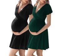 Neer Paquete de 2 batas 3 en 1 para parto de hospital, vestido de maternidad con cuello en V cruzado para mujer, camisón de lactancia (negro, verde oscuro, S)