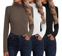Neer Paquete de 3 Camisetas Algodón Cuello Alto Manga Larga Ropa Interior Térmica para Mujer Base Top Otoño Invierno Suéter(Negro, Blanco, Moca,XL)