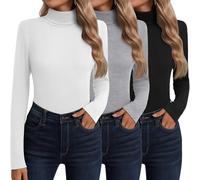 Neer Paquete de 3 Camisetas Algodón Cuello Alto Manga Larga Ropa Interior Térmica para Mujer Base Top Otoño Invierno Suéter(Negro, Gris Claro, Blanco,M)