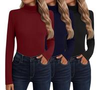 Neer Paquete de 3 Camisetas Algodón Cuello Alto Manga Larga Ropa Interior Térmica para Mujer Base Top Otoño Invierno Suéter(Negro, Azul Marino, Rojo Vino,XL)