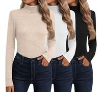 Neer Paquete de 3 Camisetas Algodón Cuello Alto Manga Larga Ropa Interior Térmica para Mujer Base Top Otoño Invierno Suéter(Negro, Blanco, Albaricoque,XL)