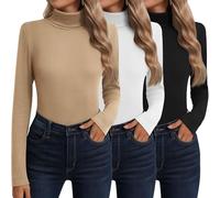 Neer Paquete de 3 Camisetas Algodón Cuello Alto Manga Larga Ropa Interior Térmica para Mujer Base Top Otoño Invierno Suéter(Negro, Blanco, Caqui,L)