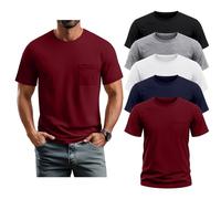 Neer Paquete de 5 camisetas de manga corta con cuello redondo y bolsillos altos para hombre, ajustadas, ligeras, informales, básicas, Negro, blanco, gris, azul marino, rojo vino, X-Large