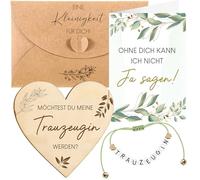 Neer Set de Regalo Möchtest du Meine Trauzeugin Werden Incluye Pulsera con Abecedario Cartel de Madera en Forma de Corazón Tarjeta y Sobres