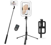 NEEWER Basics 10W Luz Foco Selfies con Trípode,1200mAh Aro Iluminación LED Cuadrado, 72" Selfie Stick Soporte Celular Compatible con iPhone, CRI90 3 Modos Remoto para Grabación Vlogs Viaje, NL100B