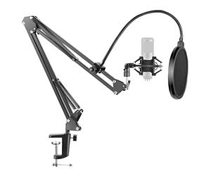 Neewer NB-35 - Soporte de tijera con agarre de clip para micrófono, pinza para montaje en mesa y filtro pop NW (B-3), parabrisas y juego de instalación de micrófono de metal