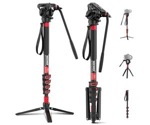 NEEWER Profesional Monopié Cámara con Patas 190cm Monopod Viaje Telescópico Portátil Aluminio Cabezal Fluido Giro e Inclinación y Base Trípode Extraíble Cámaras DSLR Videocámaras, Máx. Carga 6kg, TP78