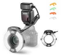 NEEWER RF1-N 76Ws Marco Flash Anular Compatible con Cámaras Nikon Potencia de 1-1/128 GN15 5600K Cortinilla Delantera/Trasera Sincro TTL Flash Externa Geles Color&Adaptador Objetivo Fotografía Macro