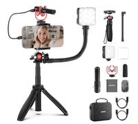 NEEWER Teléfono Vlogging Kit, Kit Esencial Creador Contenidos para Youtube con Luz LED, Trípode Viaje Selfie Stick, Tubo Suave Flexible, Micrófono Cardioide USB C para iPhone, Android, Podcast, PA045