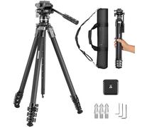 NEEWER Trípode de Viaje de Fibra de Carbono de 60.5 Pulgadas con Cabezal Fluido amortiguado Desmontable, Soporte Ligero para cámara de Video con Hebilla de Metal rápida, Placa QR Tipo Arca Compatible