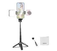 NEEWER Trípode Palo Selfie para iPhone, Ligero Plegable 360° Mini Soporte Escritorio Viaje con Zapata Fría para Grabar Videos Vlogs Streaming, Obturador Remoto y Paño Limpieza, P15 Negro