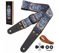 Nefelibata Correa de guitarra vintage de algodón bordada con extremos de piel auténtica para bajo, eléctrico y acústico, con botón de correa gratuito, 1 par de cerraduras y 4 púas de guitarra