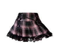 NEFLUM Exquisita Falda gótica a Cuadros Vendaje Falda Corta Cintura Alta Encaje Mini Faldas ins Falda Plisada Moda Mujer Street Wear