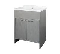 Negrari Lavadero de resina de PVC para ahorrar espacio, resistente a la humedad, bañera resistente a los ácidos de uso común, kit de desagüe con piletón de metal, 58 x 38 x 85 cm, blanco/roble