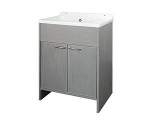 Negrari Lavadero de resina de PVC para ahorrar espacio, resistente a la humedad, bañera resistente a los ácidos de uso común, kit de desagüe con piletón de metal, 58 x 38 x 85 cm, blanco/roble