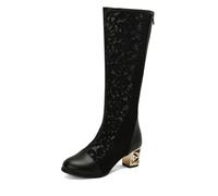 ,Negro,47,Botas Altas de Encaje Calado para Mujer, Botas Altas de tacón de Bloque con Punta Redonda, Zapatos Largos de Fiesta con Cremallera Trasera