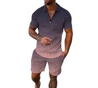 Negro 54 Rayas Gradiente Rampa Impresión Dos Piezas Cremallera Manga Corta Top Cordón Bolsa Corto Conjunto Camisas, Rosa., XL