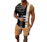 Negro 54 Rayas Gradiente Rampa Impresión Dos Piezas Cremallera Manga Corta Top Cordón Bolsa Corto Conjunto Camisas, caqui, S