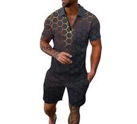 Negro 54 Rayas Gradiente Rampa Impresión Dos Piezas Cremallera Manga Corta Top Cordón Bolsa Corto Conjunto Camisas, Negro , XL