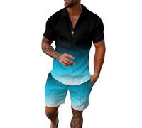 Negro 54 Rayas Gradiente Rampa Impresión Dos Piezas Cremallera Manga Corta Top Cordón Bolsa Corto Conjunto Camisas, azul claro, XXL