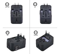 (Negro) Adaptador de viaje universal cargador, EE. UU., UE, Reino Unido, AU con 2 puertos USB para