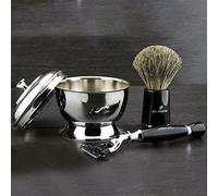 Negro Afeitado en Mojado Set - 3 Piezas Kit Listo para Usar Súper Brocha Pelo Tejón & Triple Filo Cartucho Cuchilla + Acero Inoxidable Afeitado Cuenco con Tapa > Nuevo Modelo Irrompible Resina Asas
