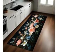 Negro Alfombra de Cocina 50 x 80 cm Flores, Rosas, Mariposas Antideslizante y Lavable, Camino Multiusos Resistente al Desgaste, Antimanchas, Ideal para Bajo Fregadero y Fogones