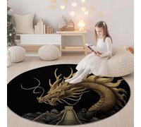 Negro Alfombras Redonda de área 120 cm, Animales Dragones La Gran Muralla Alfombra Suave Antideslizante Lavable, Modernas de Interior Alfombra Redonda para salón, Dormitorio, Comedor