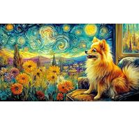Negro and White Pomeranian Puppy Among Flowers Puzzle para Adultos de 1000 Piezas - Papel Reciclado Juego edugatoivo & Relajación Decoración de Pared 75x50/1000pcs