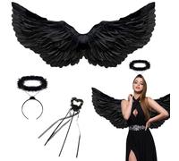 Negro Ángel Alas,Diablo Disfraz Señoras,Alas de Ángel Disfraz con halo y Varita mágica,Disfraz de Alas de Adulto Niños,Ángel Accesorios de Disfraces Ángel Diablo,Disfraz de Carnaval (Negro 80 * 40cm)