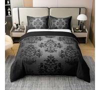 Negro Damasco 100% Natural Algodón Funda Nórdica Tamaño S Tamaño S Vintage Gótico Encaje Floral Estampado Funda de edredón con 1 Funda de Almohada Bohemia Victoriana Barroco Gris Estética Lujo Juego