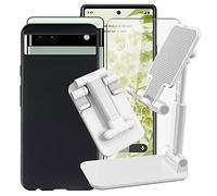 Negro Funda + 1 Piezas Cristal Templado para Google Pixel 6a (6,1"), KJYF Soporte para Móvil de Mesa Extensible |Soporte de Móvil y Tablet de Mesa Ajustable Multiángulo (Blanco).