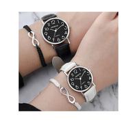 (Negro) Juego de 4 pulseras de reloj de cuarzo para pareja, correa de cuero blanco y negro, reloj de