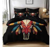 Negro Juego de Funda Nórdica 220 x 240 cm Cráneo De Vaca Al Estilo Indio Parure de Lit, Funda Nórdica de Microfibra con Cierre de Cremallera - Set de Ropa de Cama Transpirable y Suave