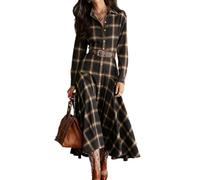 Negro,L,Vestido Camisero a Cuadros para Mujer, Vestido Occidental Largo Elegante Vintage de Manga Larga con Botones y Dobladillo con Volantes