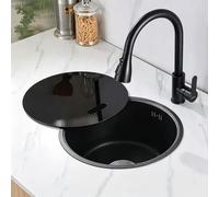 Negro Nano Redondo Fregadero de barra Pequeño Fregadero cocina 1 seno | Acero inoxidable Con desagüe Sobre encimera Empotrado Para barras, autocaravanas y cocinas(B,28cm/11in)