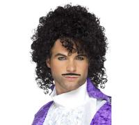 Negro Rizado Peluca Celebrity N Bigote Kit Prince Pop Rey Accesorio de Disfraz